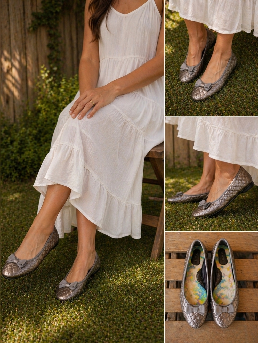 Metallic Gray Quilted Ballet Flats - Women Shoes